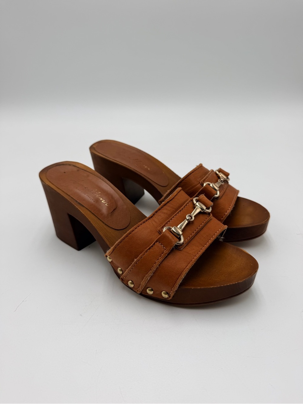 Avellini Womens 7.5 Brown Leather Horsebit Platform Block Heel Sandals Italy